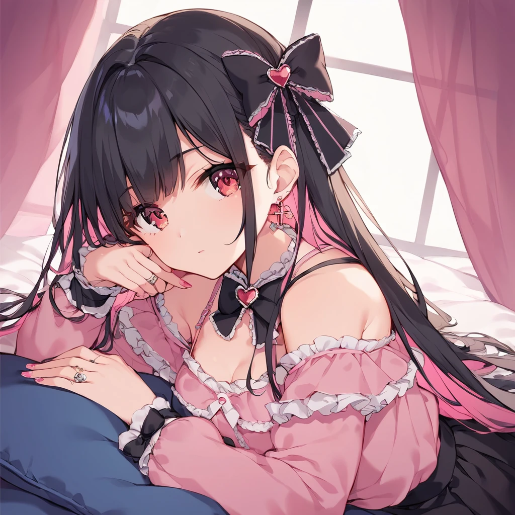 (score_9_, score_8_superior, score_7_superior, sauce_anime, 8K, masterpiece, Highest quality, Super detailed, Very delicate and beautiful, Official Style, Depth of written boundary, Very detailed, so beautiful, Complex, Overall Details, Perfect Anatomy), View your viewers, (Faint Light:1.2), sit, ベッドのsuperior, (Hotel Rooms, Love Hotel, Pink Wall, pink bed sheets), Condom box, Okamoto Condom 0.01, smartphone, Break 1 Girl, alone, (Black Hair, Pink Hair, Two-tone hair), Long Hair, two side superior, Black Hair bow, Red eyes, jirai kei, (Cross-strap clothing, Pink Shirt, Long sleeve, Frillsed sleeves), Frills, Black bow tie, Black Skirt, Heart Brooch, heart earrings, ring, Manicure, Pink Nails, Black nails, Black Mask, Expressionless
