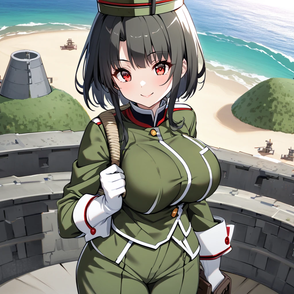 A woman wearing Imperial Japanese Drill uniform, moss green camouflage, moss green pants, black boots, Imperial Japanese Drill hat, black hair, short hair, red eyes, big breasts, white gloves, smiling, postured standing in a fortress near a beach, overlooking a beach with fortification and warships in the sea. 
