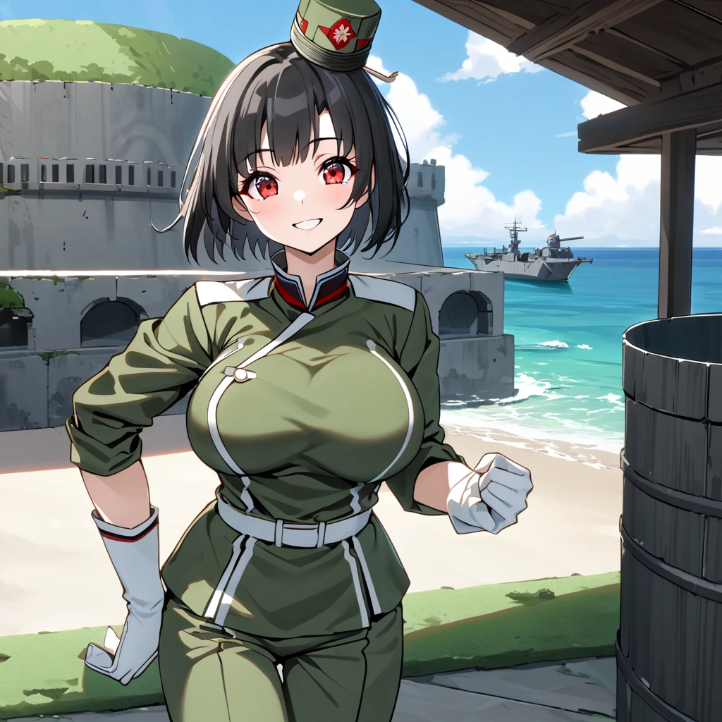 A woman wearing Imperial Japanese Drill uniform, moss green camouflage, moss green pants, black boots, Imperial Japanese Drill hat, black hair, short hair, red eyes, big breasts, white gloves, smiling, postured standing in a fortress near a beach, overlooking a beach with fortification and warships in the sea.
