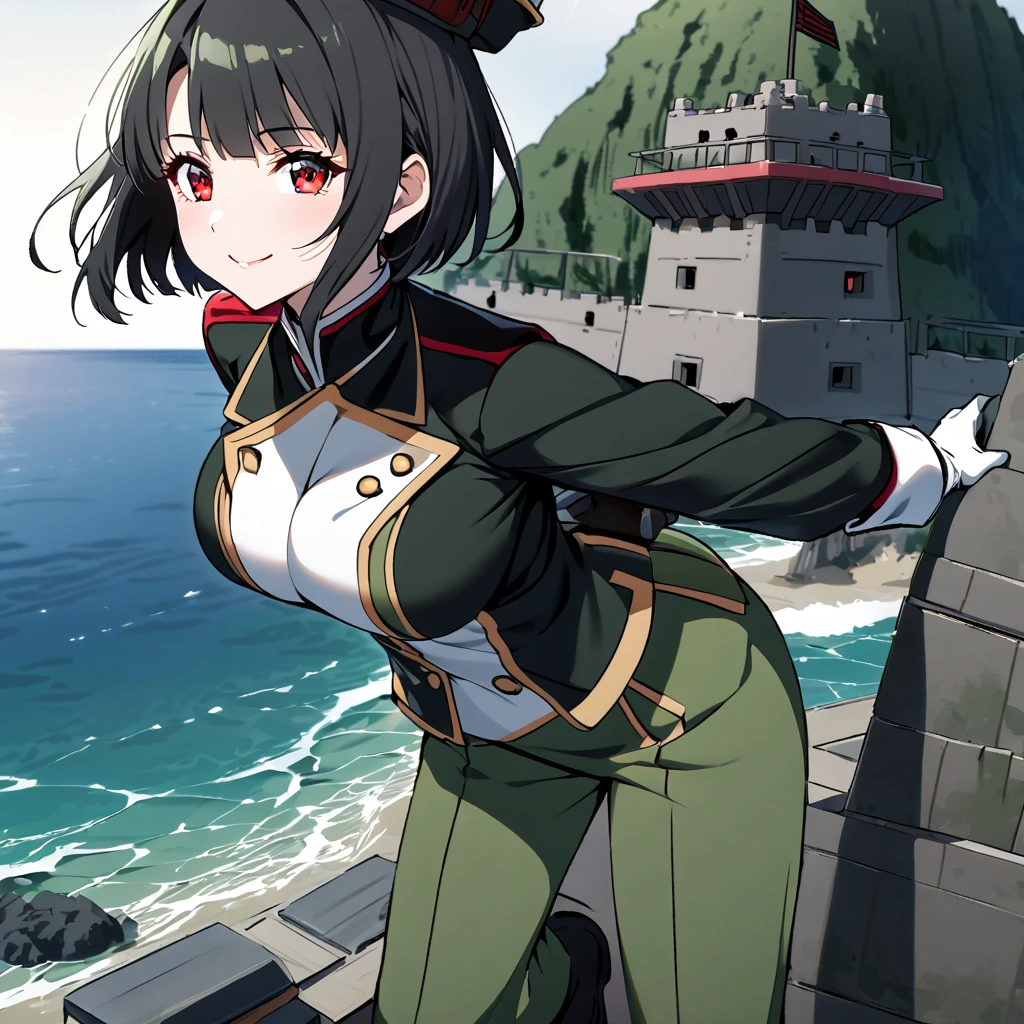 A woman wearing Imperial Japanese Drill uniform, moss green camouflage, moss green pants, black boots, Imperial Japanese Drill hat, black hair, short hair, red eyes, big breasts, white gloves, smiling, postured standing in a fortress near a beach, overlooking a beach with fortification and warships in the sea. 
