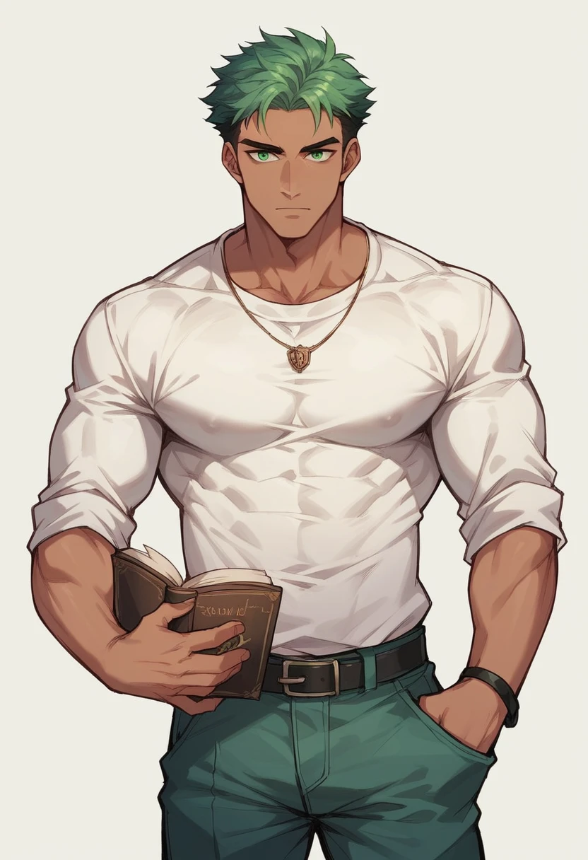 A not so muscular man, green eyes, high, Delgado, He wears a white shirt and a book hairstyle..