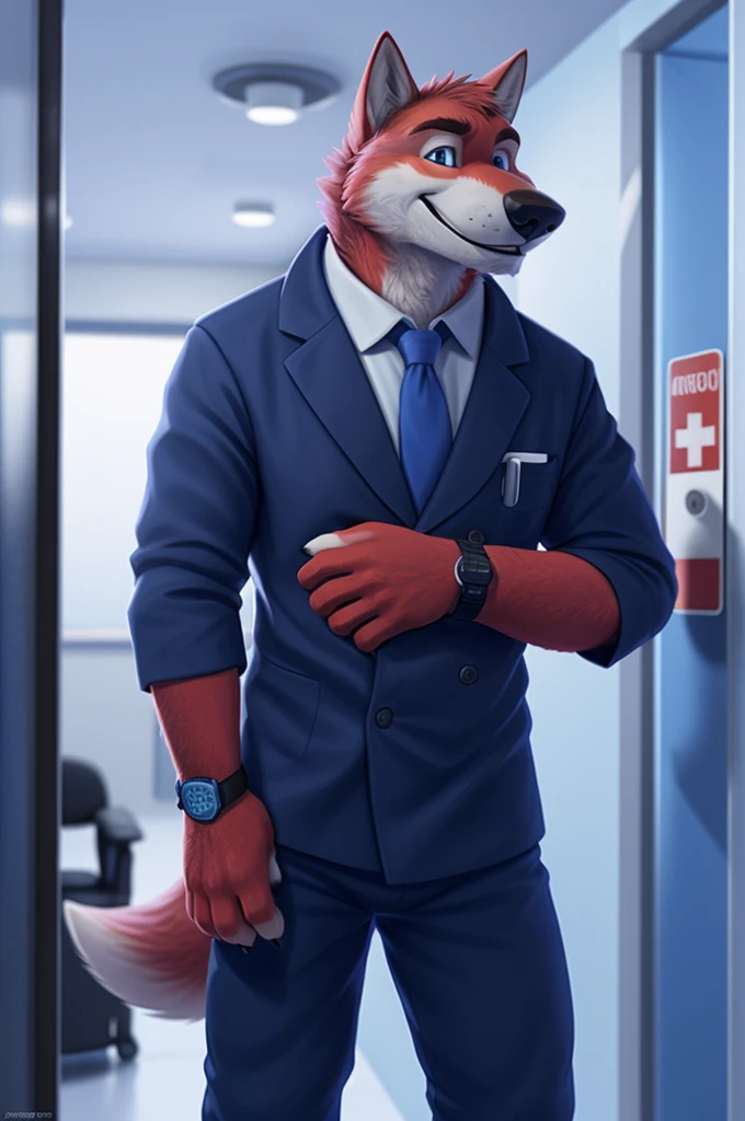 Ivan Fedorovich Wolfbach (Novosibirsk) ,tall handsome, wolf,young, 24 years, brown fur,Kind,(red body:1.3),beautiful blue eyes,Novosibirsk,dressed,blazer, lifeguard uniform, зеленый blazer, White shirt,black tie, Green pants,шевроны Doctorа, Ambulance, canine, wolf, detailed fur, male, antro, paw pads, finger claws,At the viewer, 5 fingers, paws, 5 fingers, smile, wrist watch, т nextel,by xenoforge, (difficult, high detail, digital photography, soft focus, RAW variety of theater,Very close to the camera сидит, office,Novosibirsk, smile, good mood, positive, Very close to the camera,Russian Emergency Situations Ministry, Doctor,
Photorealism, realistic, photorealistic, digital style, Subsurface scattering,I look at the viewer, в office, nursing brother, syringes, stethoscope,
masterpiece, Best quality, ultra realistic, 8 k)