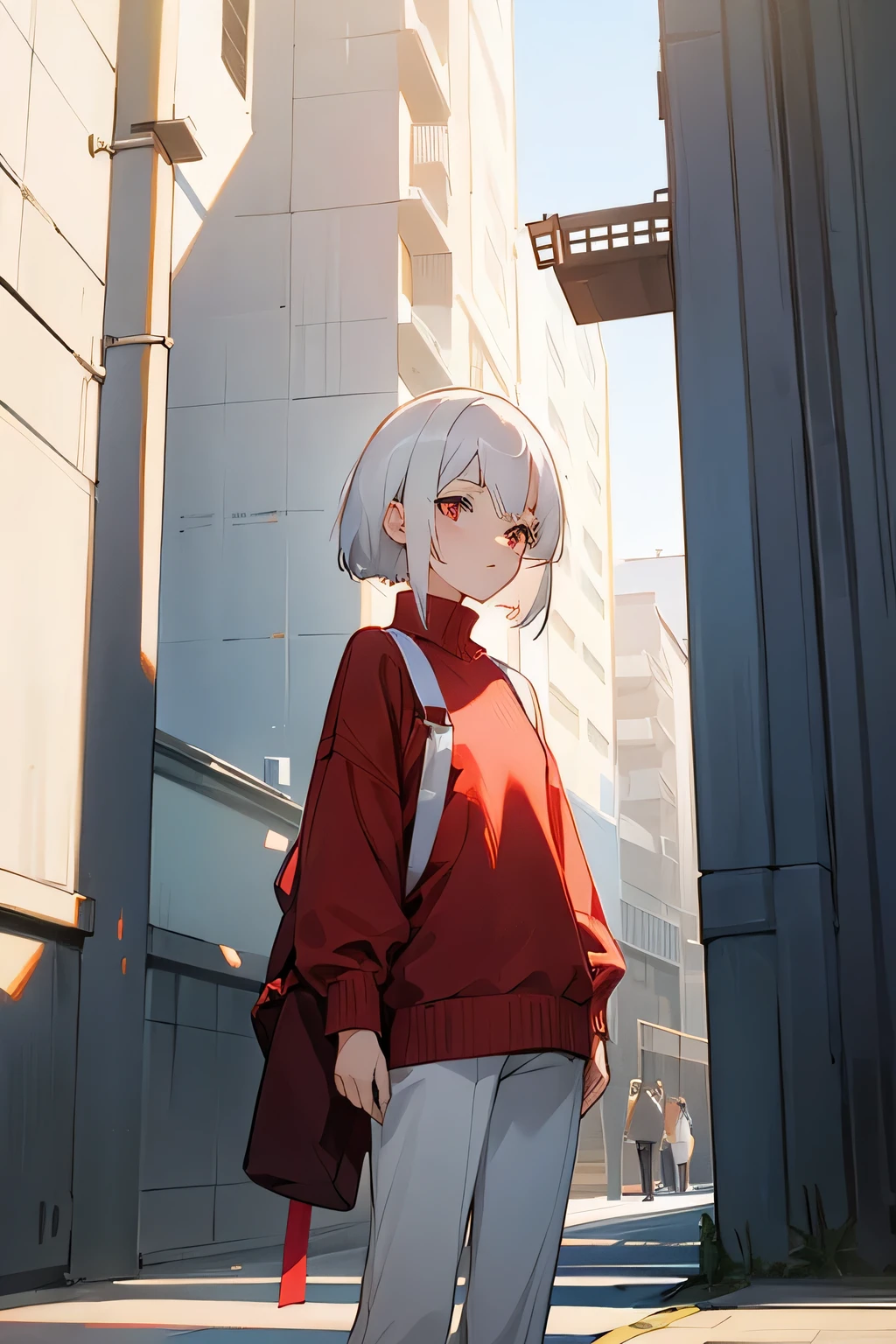 anime girl in red sweater standing in front of a building, a character portrait inspired by Takehisa Yumeji, trending on pixiv, shin hanga, , white haired lady, white haired, girl with white hair, girl with short white hair, perfect white haired girl, made with anime painter studio, smooth anime cg art, white-haired