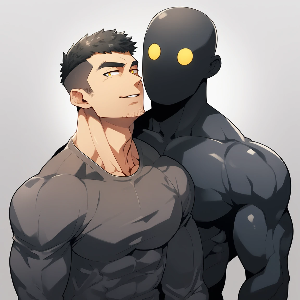 anime characters:Two superheroes in tights, Muscle Sports Student and Muscle No Face skinhead superhero, No Face,negro black skin, They hugged and kissed each other, Bite your neck, Caress, Manliness, male focus, Yellow and black high collar long sleeve tight T-shirt, Slightly transparent material, Very tight, Round, full and perky chest muscles, Muscle waist, Slightly transparent, muscular male, muscular, only, Upper body, alone, Black short hair, Thick eyebrows, stubble, Yellow eyes, Grey background, simple background, amazing quality, best aesthetics, Ridiculous, bright pupils, crew cut, parted lips, seductive smile, torogao, naughty face, drop shadow, best quality
