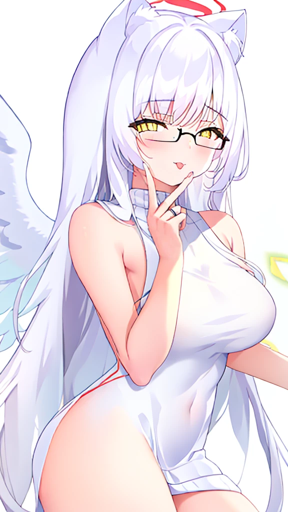 A 20-year-old female angel with long hair, white hair, yellow eyes, white cat ears, and white angel wings. A glowing yellow halo ring above the head. Round glasses. (White halter turtleneck sweater, white purekiller sweater, sleeveless, sexy backless sweater, white dress) White armband, sticking out tongue