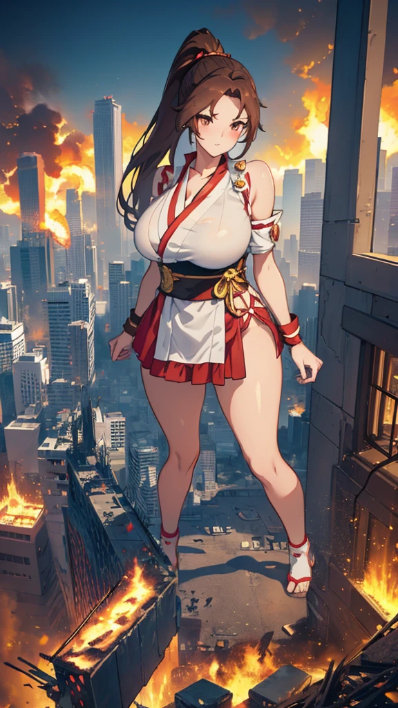 Anime Style　Beauty　masterpiece　Unreal Engine　Precision　Cute Girls　giant girl　(Mai Shiranui from a high rise building))　Brown hair ponytail　((A view from the sky)) ((Destroyed city in flames)) ((Fire)) ((Destroyed buildings)) ((Destroyed cars)) ((Pile of rubble))  90's Giant Girl on the Road in the Big City Uniform Skirt ((Dim cloudy sky)) Female Giant huge girl full body Destroyed skyscrapers, destroyed cars, crowd Unreal Engine,