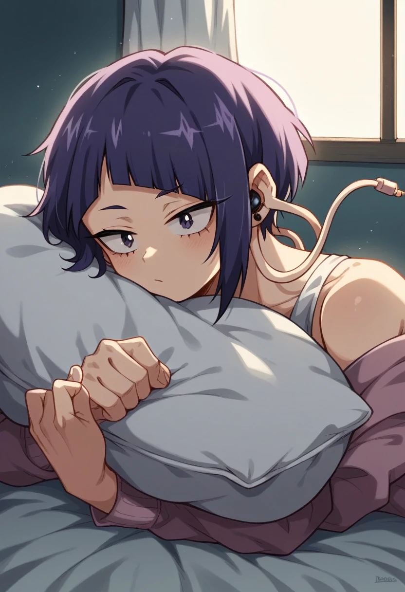 Kyoka Jiro from My Hero Academia lying in bed at night. Purple hair with asymmetrical bangs, earphone jack earlobes. Dim moonlight through window. Cozy bedroom, soft blankets. Thoughtful expression, eyes open. Casual sleepwear. Waiting pose, slightly propped up on pillows. Warm, intimate atmosphere.