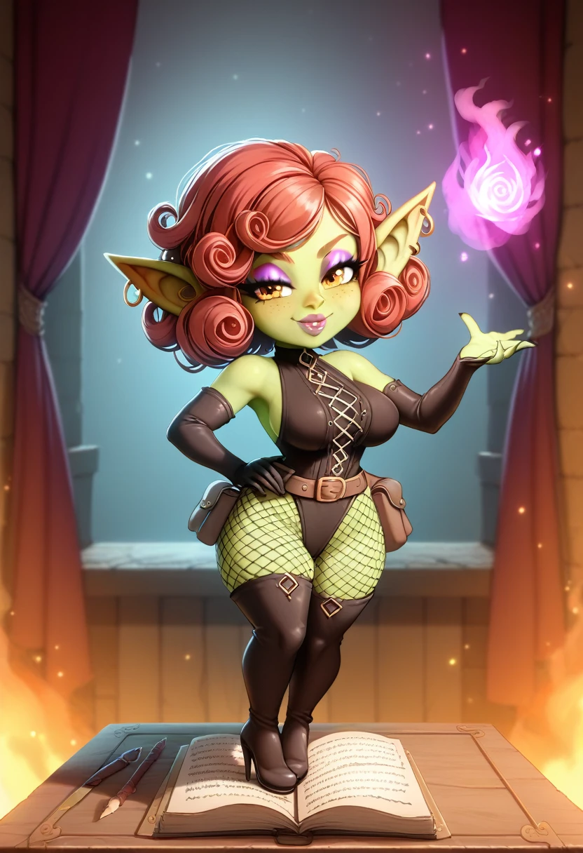 Girl, goblin girl, goblin, green skin, short, short stature, short hair, red hair, curly hair, large breasts, long gloves, thigh boots, pouty lips, masterpiece, best quality, sexy, dynamic pose, 8k, shortstack, sfw, shiny, fantasy, dungeons and dragons, high heels,  fishnets, holding, dark green skin, adventurer, slutty pose, sorcerer, sorceress, pyromancer, fire and ice, magic, fire and ice magic, long detailed slutty colorful dress, thigh pouch, very curly hair, lots of belts, curly hairstyle, lipstick, rosy cheeks, smile, eyeshadow, eye liner, belt on hip, magic, magic dress, very detailed, magic user, puffy lips, bright colors, pose bending  over table, in fabrasy tavern