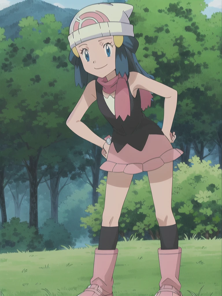 masterpiece, best quality, 1girl, dawn \(pokemon\), beanie, long hair, blue hair, blue eyes, black sleeveless shirt, pink scarf, pink skirt, pink boots, hands on hips, smile, looking at viewer, forest background