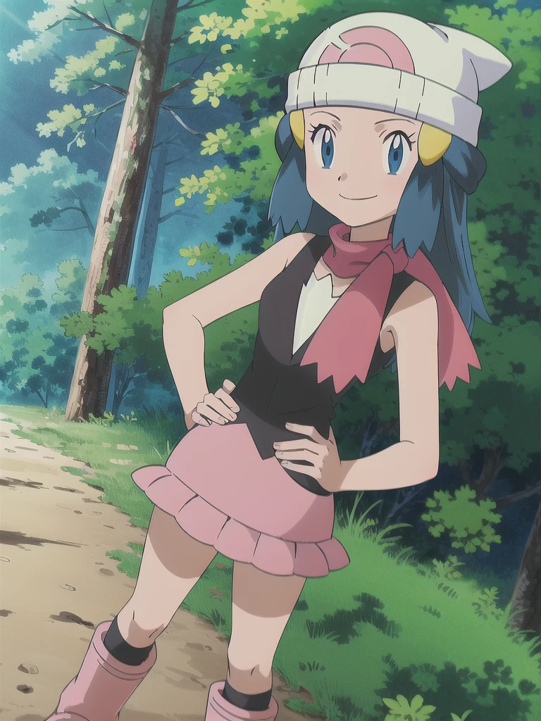 masterpiece, best quality, 1girl, dawn \(pokemon\), beanie, long hair, blue hair, blue eyes, black sleeveless shirt, pink scarf, pink skirt, pink boots, hands on hips, smile, looking at viewer, forest background