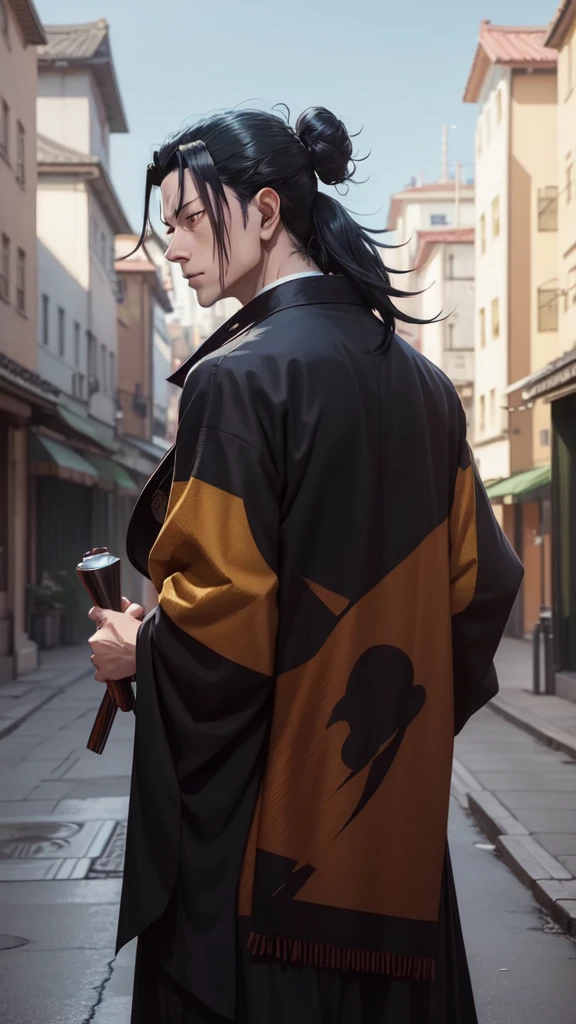 CHARACTER OF A PERSON WITH BLACK HAIR, LONG AGA, BROWN EYES, HANDSOME FACE, WEARING A KIMONO. NAMED "SUGURU GETO" IN THE ANIME STORY SERIES"(JUJUTSU KAISEN), IT STANDS IN THE MIDDLE OF A BEAUTIFUL CITY, WITH REALISTIC -8K HDR EFFECTS.