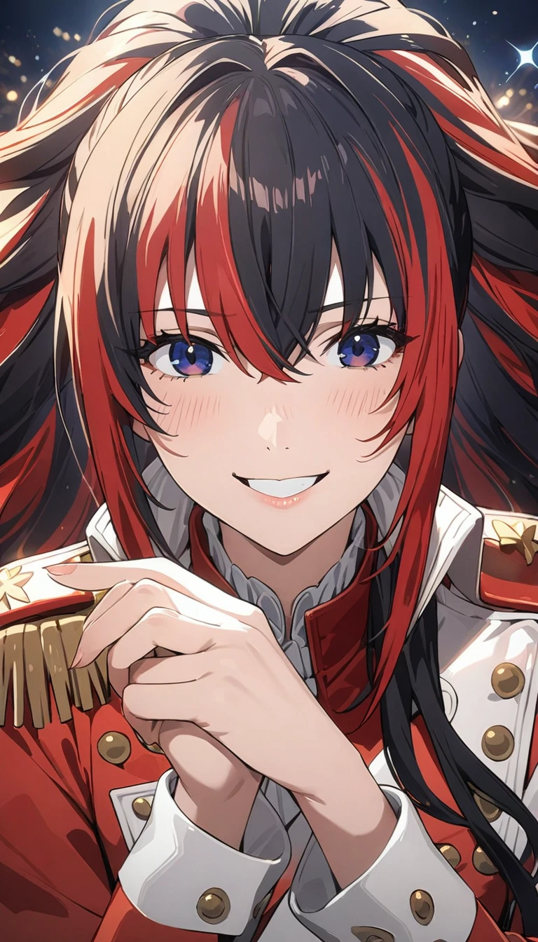 ((best quality)), ((masterpiece)), (detailed face and eyes), detailed hands and fingers, perfect face, accurate, textured skin, high details, multicolored hair, hair over shoulder, big hair, hair over eyes, tareme, smile, Expressionism, anime, sparkle, Military uniform, Woman dressed as Napoleon