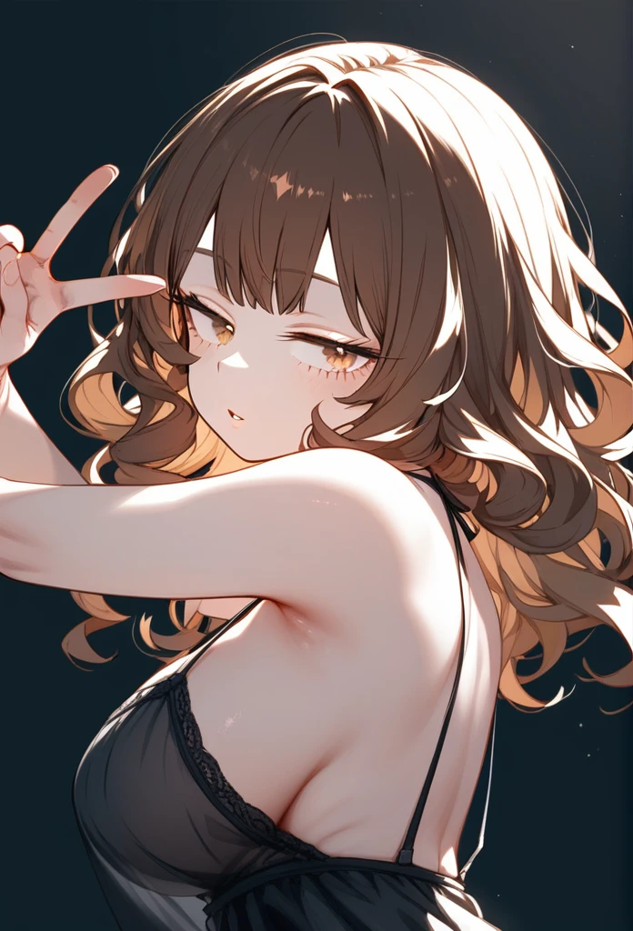 masterpiece, Score_9, Score_8_up, Score_7_up, rear view, 1 woman, alone, brown hair, long curly hair, split bangs, honey eyes, half-closed eyes, parted lips, expressionless, pale skin, large breasts, upper body, Black nightdress with V-neckline, black background, best quality, long and split bangs, boku no Hero academia