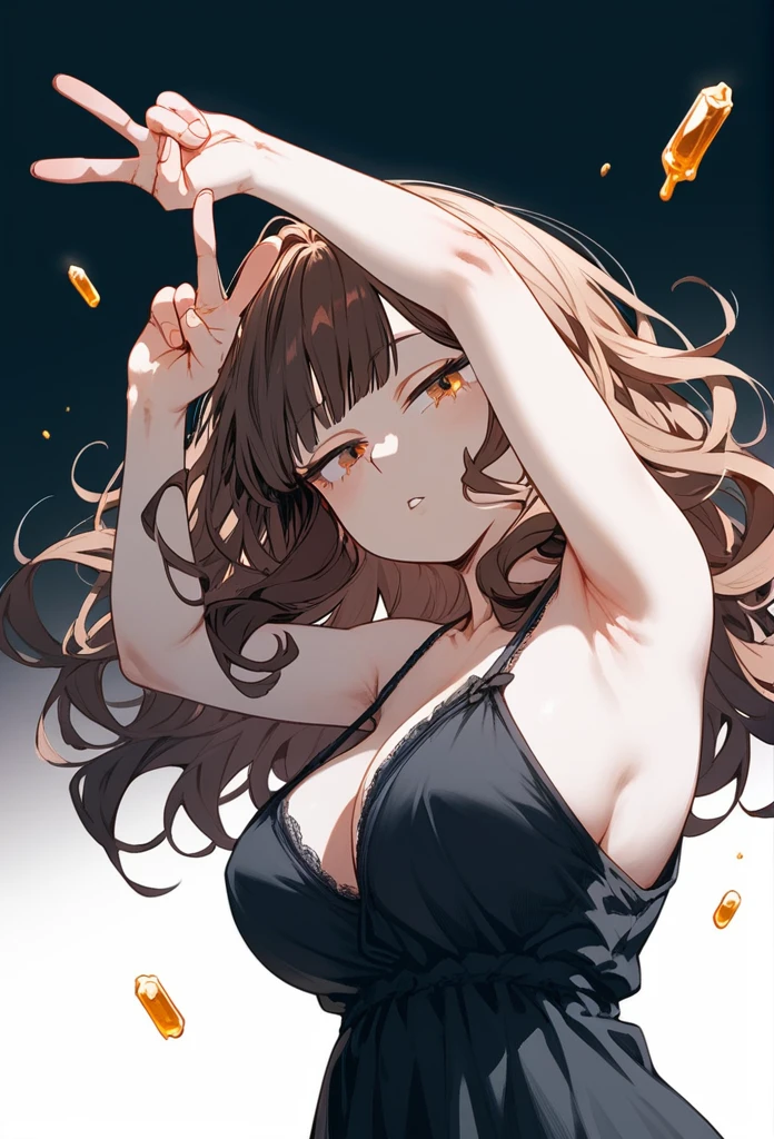 masterpiece, Score_9, Score_8_up, Score_7_up, rear view, 1 woman, alone, brown hair, long curly hair, split bangs, honey eyes, half-closed eyes, parted lips, expressionless, pale skin, large breasts, upper body, Black nightdress with V-neckline, black background, best quality, long and split bangs, boku no Hero academia