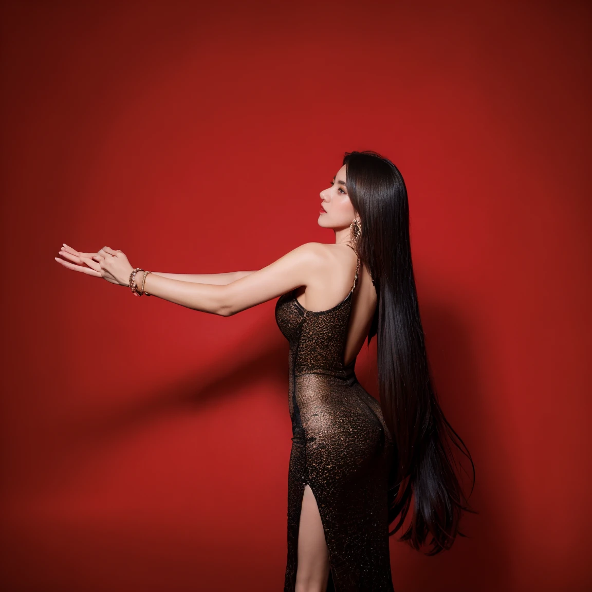 Ultra HD resolution,Artistic Photo,photography,40yo girl,earrings,Long hair,Red background,Black backless dress,necklace,Cowboy shooting,H Cup,front,whole body,Ultra-high-definition picture quality