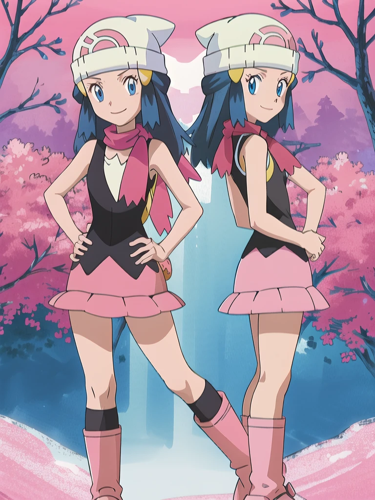 masterpiece, best quality, 1girl, dawn \(pokemon\), beanie, long hair, blue hair, blue eyes, black sleeveless shirt, pink scarf, pink skirt, pink boots, hands on hips, smile, looking at viewer, forest background