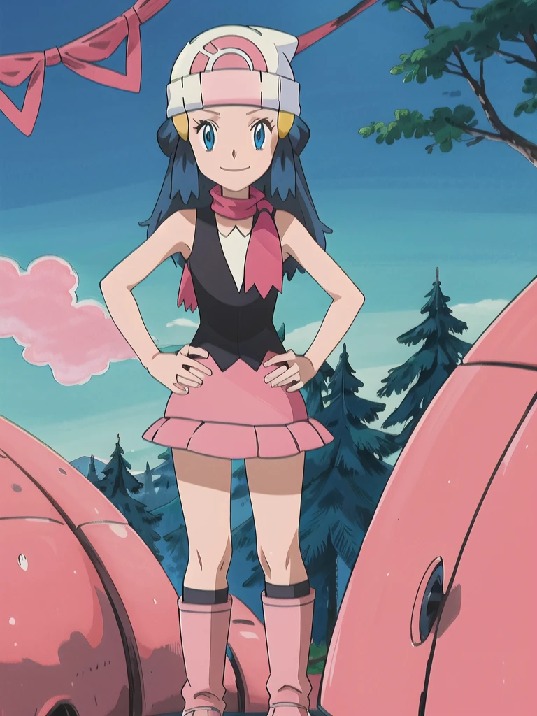 masterpiece, best quality, 1girl, dawn \(pokemon\), beanie, long hair, blue hair, blue eyes, black sleeveless shirt, pink scarf, pink skirt, pink boots, hands on hips, smile, looking at viewer, forest background