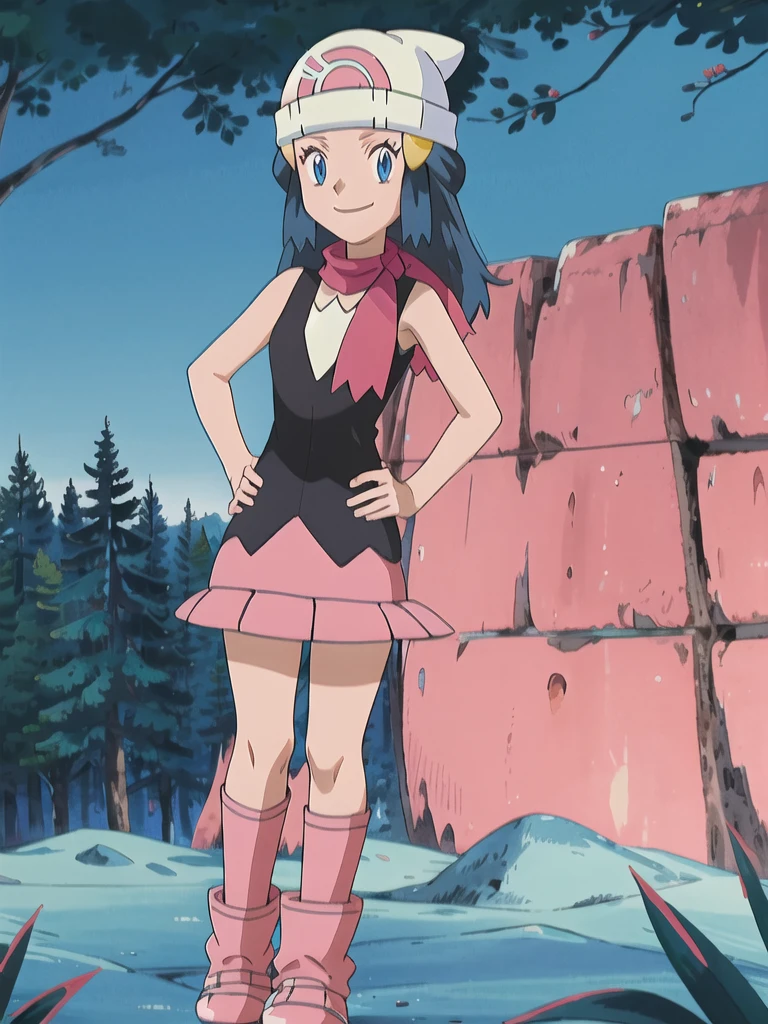 masterpiece, best quality, 1girl, dawn \(pokemon\), beanie, long hair, blue hair, blue eyes, black sleeveless shirt, pink scarf, pink skirt, pink boots, hands on hips, smile, looking at viewer, forest background