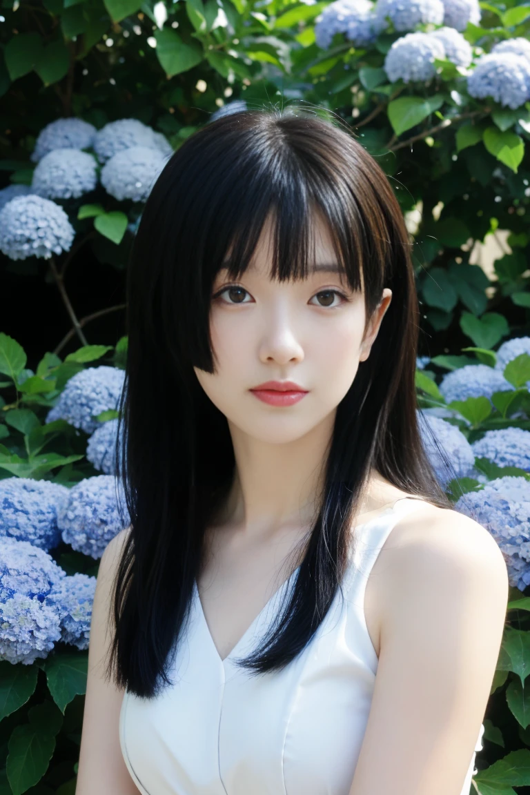 best quality, tmasterpiece,Ultra-high resolution,Clear face,(Reality:1.4),ferpect lighting,(upper body photo), (photorealistic:1.50), anime wallpaper, Guviz style artwork, cover-up fantasy up to magic , by Yang J, Guviz, beautiful artwork illustration, beautiful digital artwork, beautiful digital illustration, Li Song, beautiful anime portrait, art style in Beauvot, 1girl, 独奏, red eyes, hair flower, , serafuku, hydrangea, Garden, looking at viwer,