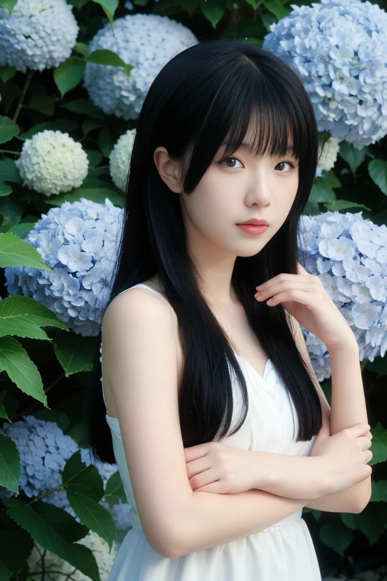 best quality, tmasterpiece,Ultra-high resolution,Clear face,(Reality:1.4),ferpect lighting,(upper body photo), (photorealistic:1.50), anime wallpaper, Guviz style artwork, cover-up fantasy up to magic , by Yang J, Guviz, beautiful artwork illustration, beautiful digital artwork, beautiful digital illustration, Li Song, beautiful anime portrait, art style in Beauvot, 1girl, 独奏, red eyes, hair flower, , serafuku, hydrangea, Garden, looking at viwer,