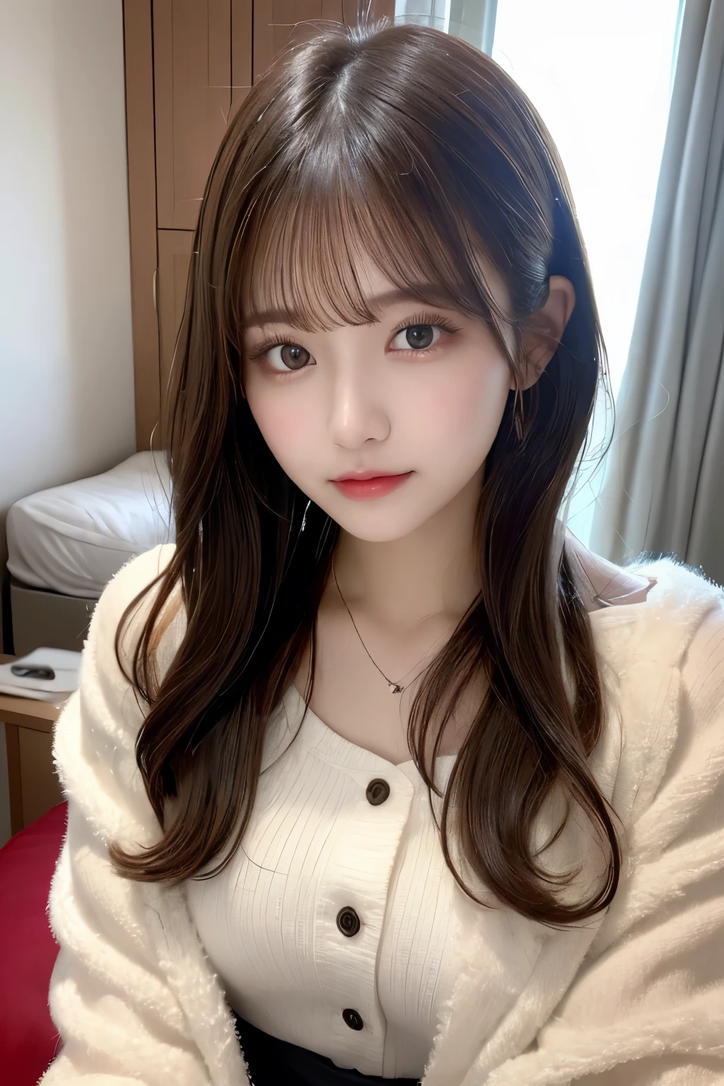 Tabletop, Highest quality, figure, Super detailed, In detail, High resolution, 8k wallpaper, Perfect dynamic composition, Beautiful attention to detail, Wear fluffy home wear,,Natural color lip, cuteポーズ,20-year-old girl、cute、Looking at the camera,Background Blur,KPOP idol faces,futon(but)