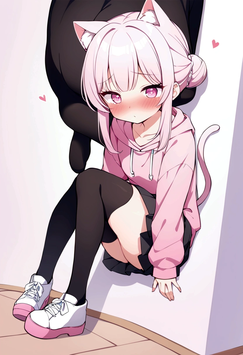 I have white pink hair, cat ears, a bun, my face is super blushing, black glasses, pink heart eyes, a big pink sweatshirt, a black skirt, black stockings, white shoes, a cat&#39;s tail, a girl. very shy that she is glued to a wall with her butt