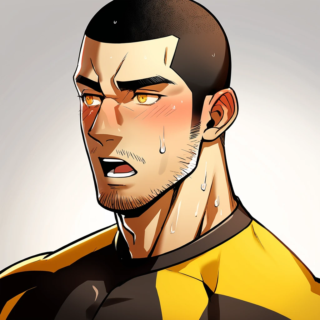 1muscular sportsman, Athlete, male focus, Buzz Cut, Yellow and black tight T-shirt, One, Very tight, muscular male, muscular, only, Upper body, alone, look to the side, short hair, stubble, sweat, black hair, Yellow eyes, open lips, White background, simple background, amazing quality, best aesthetics, Ridiculous, crew cut, moaning, blush, best quality