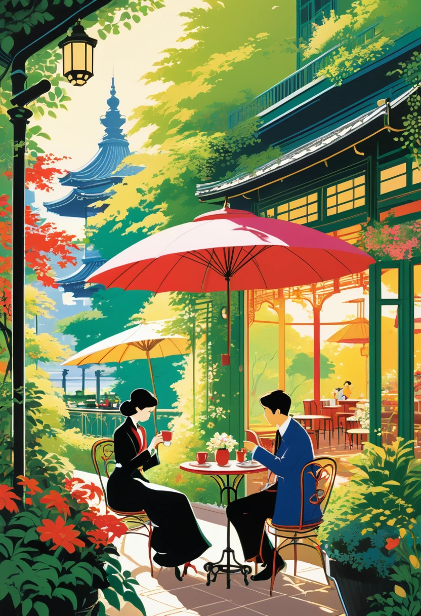 A stylish café terrace scene in the style of Seizo Watase, with vibrant colors, detailed line art, and a romantic atmosphere. A couple is sitting at a table, sharing a coffee under a large umbrella, surrounded by lush greenery and soft sunlight.
