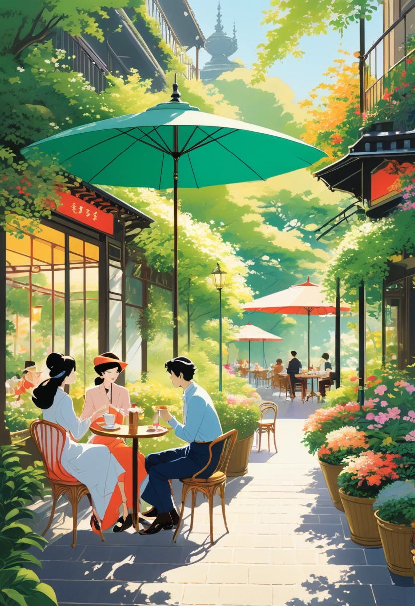 A stylish café terrace scene in the style of Seizo Watase, with vibrant colors, detailed line art, and a romantic atmosphere. A couple is sitting at a table, sharing a coffee under a large umbrella, surrounded by lush greenery and soft sunlight.
