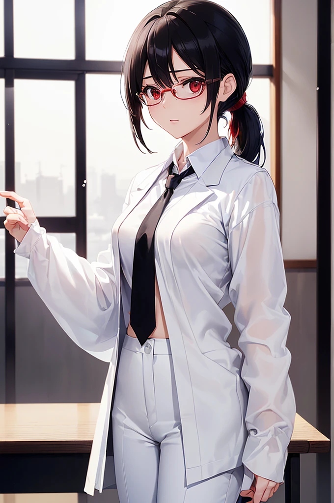 (masterpiece; best quality: 1.2), (finely detailed eyes: 1.3), ((25 year old woman)), ((solo)), (red eyes: 1.4), (body; gorgeous, luscious, femenine: 1.3), (silky black hair + low ponytail: 1.3), (beautiful and clear background: 1.2), ((depth of field)), (equipment: white labcoat + black shirt + white necktie + white pants + black square glasses: 1.3), (anime illustration: 1.2), (background composition; japanese highschool classroom + furniture: 1.1), (extremely fine and beautiful: 1.1), (shot composition; standing + centered on torso + close-up: 1.5), (expression; calm, stoic: 1.2)