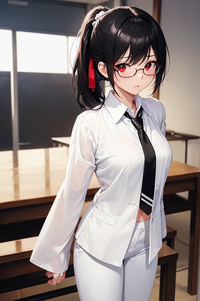 (masterpiece; best quality: 1.2), (finely detailed eyes: 1.3), ((25 year old woman)), ((solo)), (red eyes: 1.4), (body; gorgeous, luscious, femenine: 1.3), (silky black hair + low ponytail: 1.3), (beautiful and clear background: 1.2), ((depth of field)), (equipment: white labcoat + black shirt + white necktie + white pants + black square glasses: 1.3), (anime illustration: 1.2), (background composition; japanese highschool classroom + furniture: 1.1), (extremely fine and beautiful: 1.1), (shot composition; standing + centered on torso + close-up: 1.5), (expression; calm, stoic: 1.2)