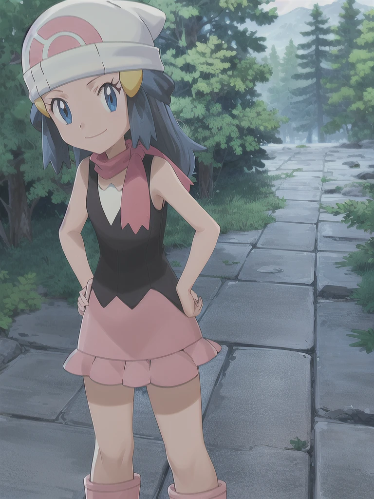 masterpiece, best quality, 1girl, dawn \(pokemon\), beanie, long hair, blue hair, blue eyes, black sleeveless shirt, pink scarf, pink skirt, pink boots, hands on hips, smile, looking at viewer, forest background
