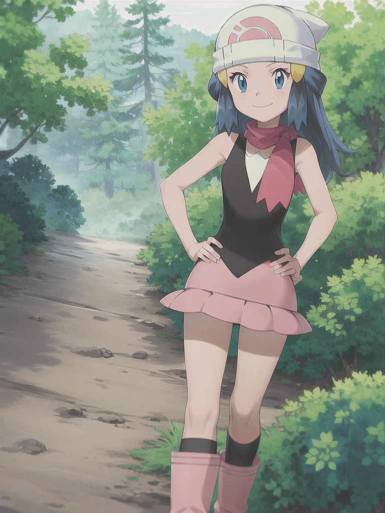 masterpiece, best quality, 1girl, dawn \(pokemon\), beanie, long hair, blue hair, blue eyes, black sleeveless shirt, pink scarf, pink skirt, pink boots, hands on hips, smile, looking at viewer, forest background