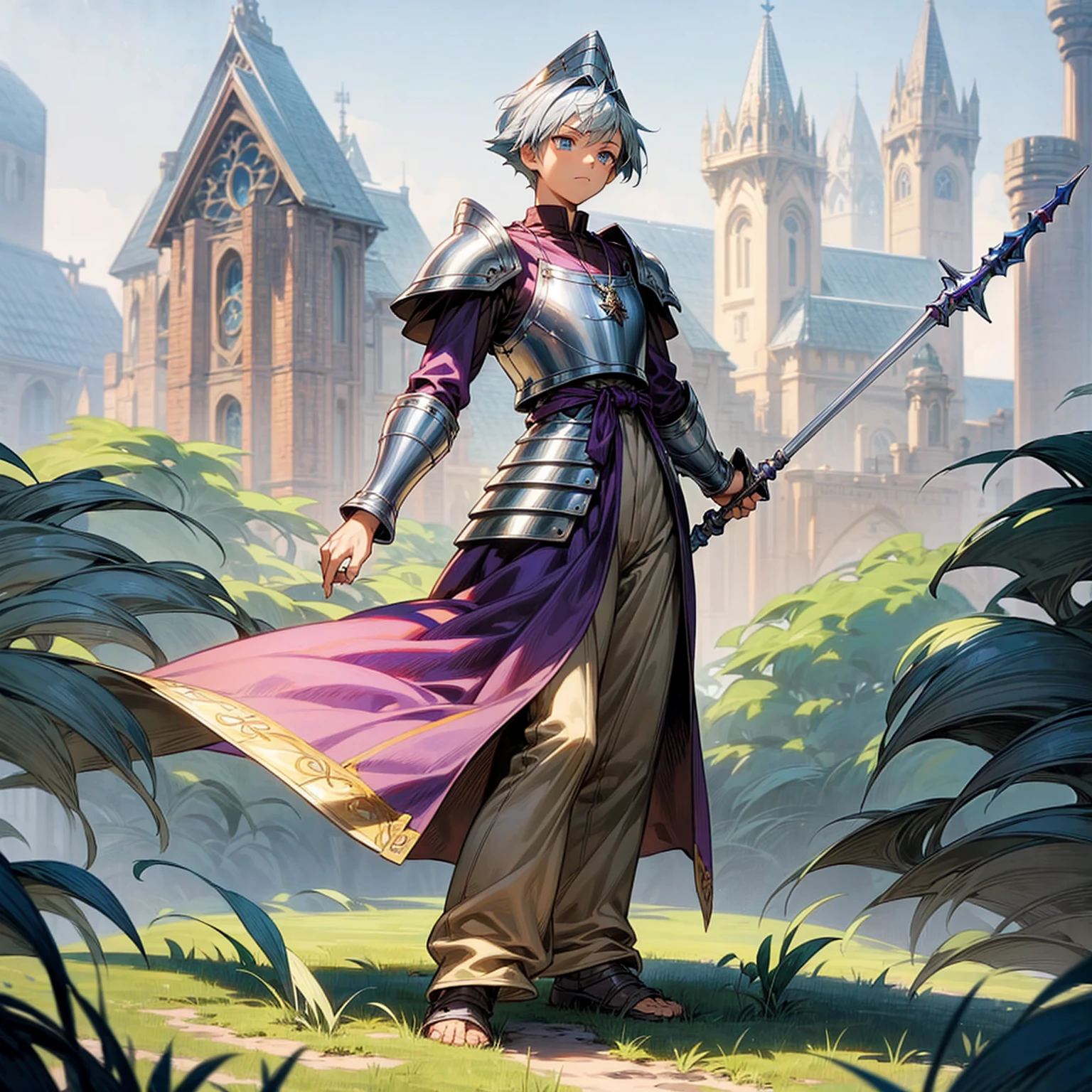 1boy, Full body version, 1character, blue eyes color, sad eyes, eyeliner, tan skin, classic fade haircut, almond eyes type, brown colour hair, medieval clothing style, breton hat, armor body, purple color clothing, silver necklaces, armor on hand, silver spear in hand, Grassroots background in field town, motion blur, (Hunter x Hunter style art)