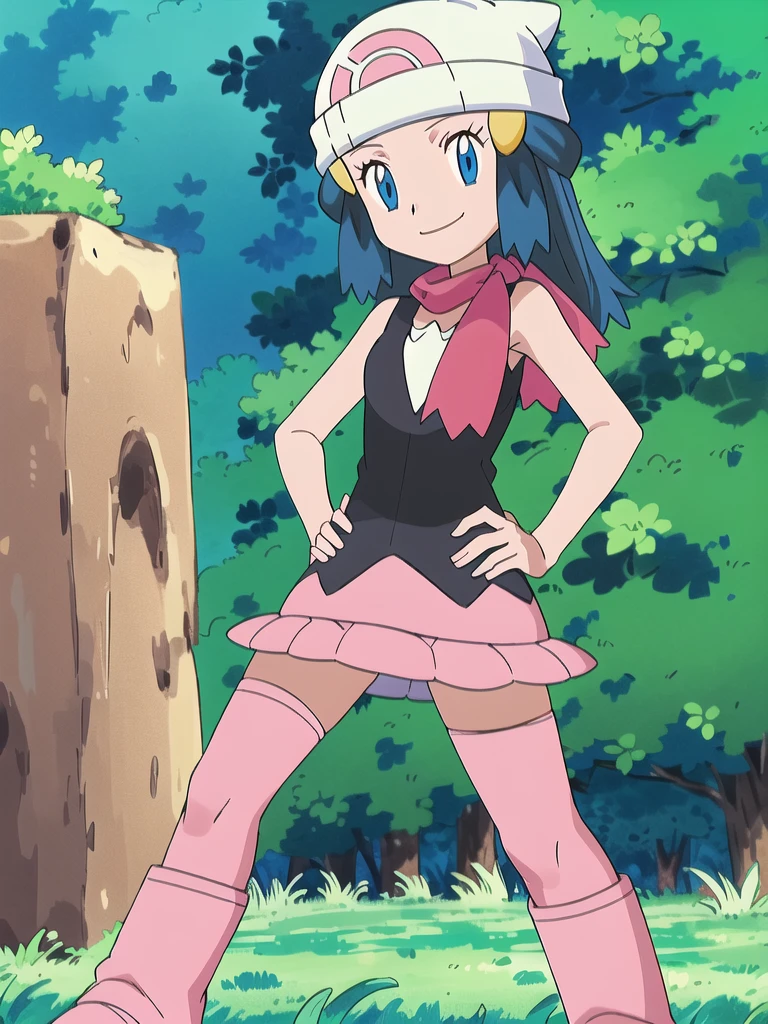 masterpiece, best quality, 1girl, dawn \(pokemon\), beanie, long hair, blue hair, blue eyes, black sleeveless shirt, pink scarf, pink skirt, pink boots, hands on hips, smile, looking at viewer, forest background