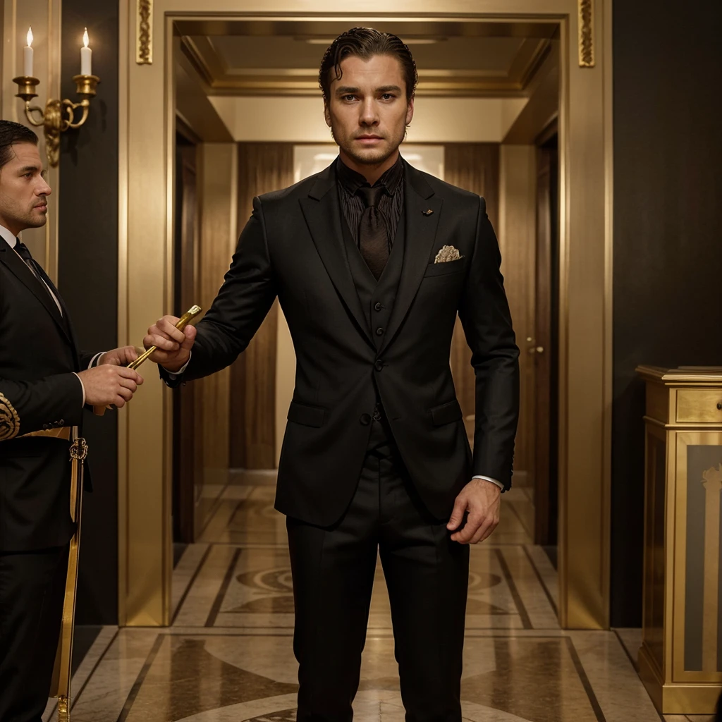 Generate a suit for a man, based on game of thrones sterics, The representative color of the house is gold, so the decorations must be of this tone, but the suit can be black., that the suit is tight to the body, the image without model, just the suit