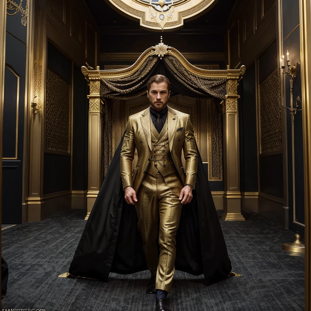 Generate a suit for a man, based on game of thrones sterics, The representative color of the house is gold, so the decorations must be of this tone, but the suit can be black., that the suit is tight to the body, the image without model, just the suit