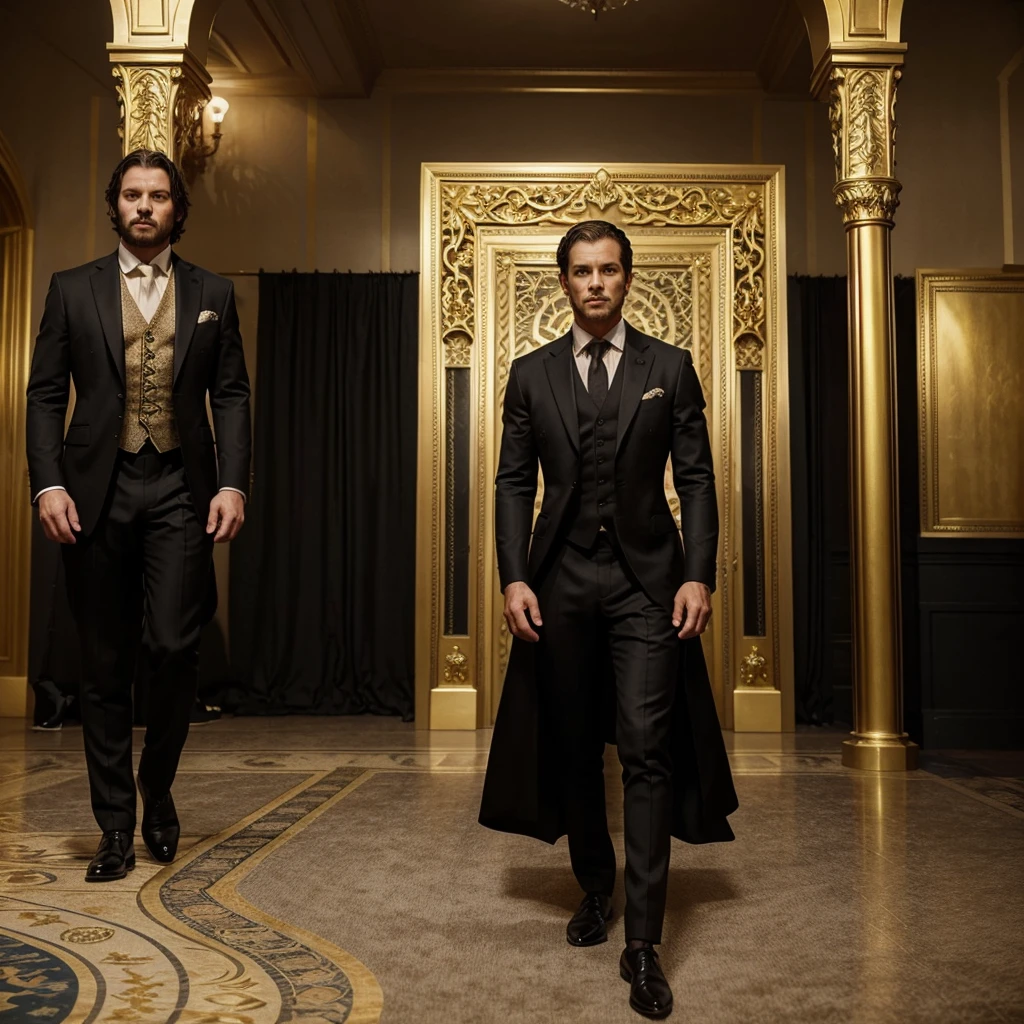 Generate a suit for a man, based on game of thrones sterics, The representative color of the house is gold, so the decorations must be of this tone, but the suit can be black., that the suit is tight to the body, the image without model, just the suit