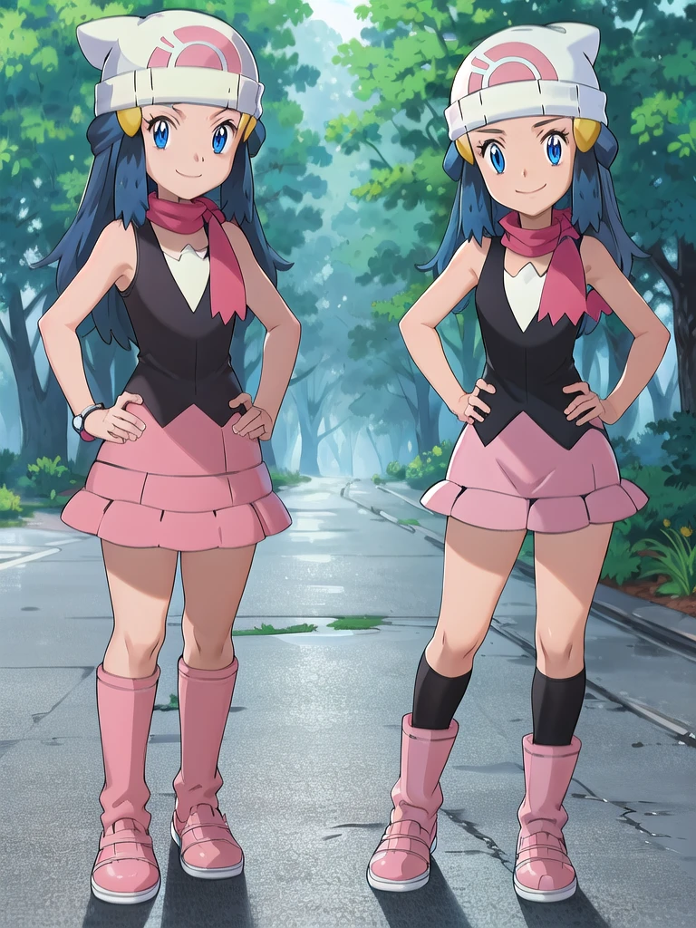 masterpiece, best quality, 1girl, dawn \(pokemon\), beanie, long hair, blue hair, blue eyes, black sleeveless shirt, pink scarf, pink skirt, pink boots, hands on hips, smile, looking at viewer, forest background