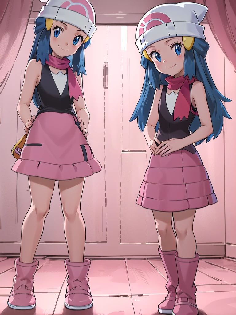masterpiece, best quality, 1girl, dawn \(pokemon\), beanie, long hair, blue hair, blue eyes, black sleeveless shirt, pink scarf, pink skirt, pink boots, hands on hips, smile, looking at viewer, forest background