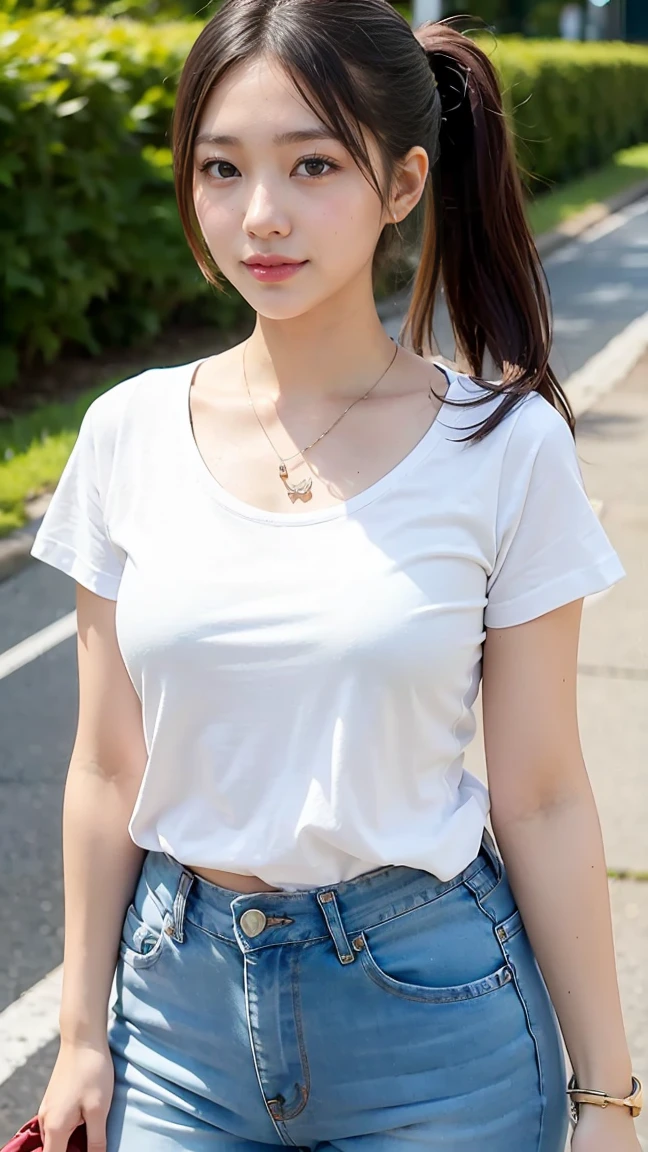 Highest quality,30 year old Japanese woman、Blonde gradient color、ponytail、Wearing jewelry around the neck、High resolution、Fine skin、smile、Standing on the riverside road, (White T-shirt:1.2), (Distressed Jeans Shorts:1.2),