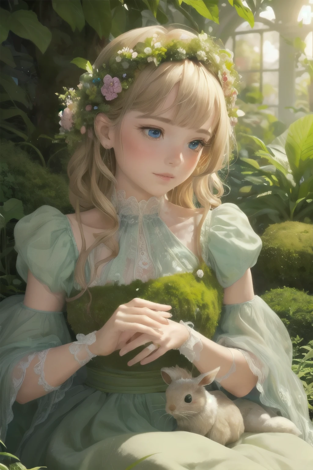 A young girl in a lush, mossy garden, her delicate dress flowing around her like petals, waiting for the night. A fluffy rabbit hops onto her lap, curling up contentedly.

1girl, graceful, elegant, soft mossy bed, flowing petal-like dress, fluffy rabbit, satisfied expression, night setting, detailed face, beautiful eyes, detailed lips, detailed hands and fingers, intricate details, photorealistic, highly detailed, 8k, masterpiece, vibrant colors, dramatic lighting, ethereal, fantasy, whimsical