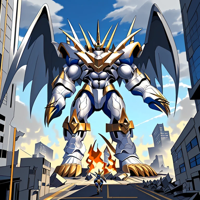 (solo. masterpiece. official art. 8k. best quality. detailed full body. full body.)
 
(situation 1 : dominating Imperialdramon_Paladin_Mode. Imperialdramon_Paladin_Mode is over 1000 meters long. focus GIANT mechanical Muscular Imperialdramon_Paladin_Mode is trampling the city. Looking down. macro. stomp. Low-angle perspective. emphasizing the immense size.)

(situation 2 :smoke and flames rising from the destruction in the city)

(Additional details 1: full plate armor. armor. sword. holding a sword. gauntlet. full plate armor. change blue to white.).

(Additional details 2: (Detailed head. Detailed Body. Detailed abs. gigantic muscles. HYPER MUSCLES. Gigachad Muscular. big muscle. pecs. triceps. traps. unusually developed muscular body. body full of huge muscles. showing off muscles. pectorales enormes. Exaggeratedly huge muscles. huge muscles. long legs.).

(Additional details 3: Spread wings. It has wings. have big wings. The claws are sharp. Sharp teeth.).