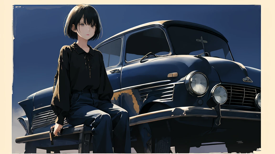 girl、blouse、Holding a gun、Black Hair、short hair、Look down、Sit on top of the car、sitting cross-legged、Watercolor、Looking into the distance、Stylish illustrations、One person、Not real、Simple illustration、Navy blue supercar