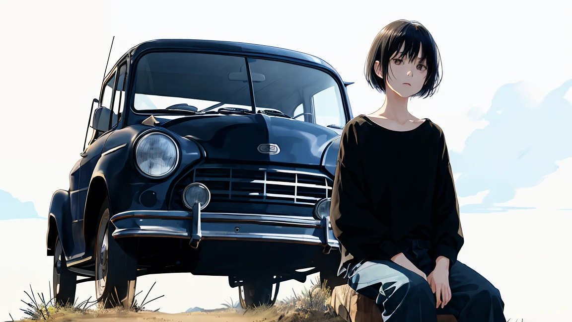 girl、blouse、Holding a gun、Black Hair、short hair、Look down、Sit on top of the car、sitting cross-legged、Watercolor、Looking into the distance、Stylish illustrations、One person、Not real、Simple illustration、Navy blue supercar