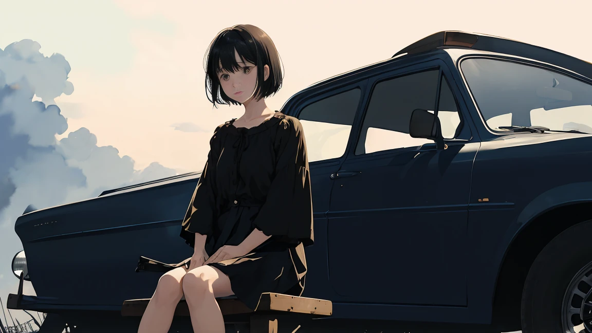 girl、blouse、Holding a gun、Black Hair、short hair、Look down、Sit on top of the car、sitting cross-legged、Watercolor、Looking into the distance、Stylish illustrations、One person、Not real、Simple illustration、Navy blue supercar