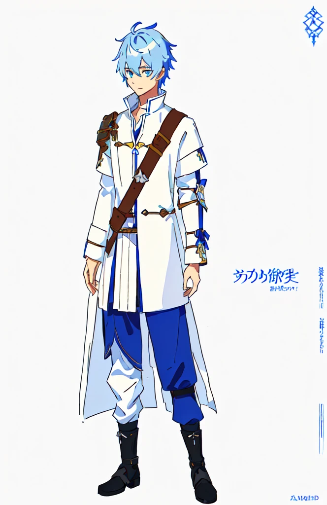 a drawing of a man in a white coat and blue pants, clear outfit design, character adoptable, as a dnd character, full body character, rpg portrait full body, skinny male fantasy alchemist, fullbody rpg portrait, inspired by Kamisaka Sekka, jrpg character, a human male paladin, full body character concept, thin young male alchemist