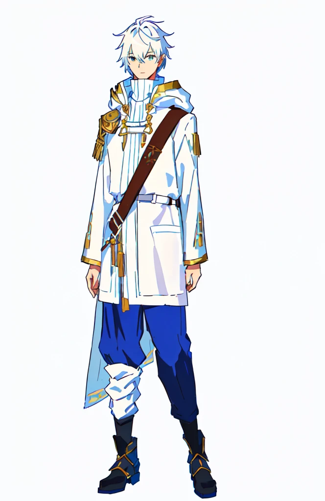 a drawing of a man in a white coat and blue pants, clear outfit design, character adoptable, as a dnd character, full body character, rpg portrait full body, skinny male fantasy alchemist, fullbody rpg portrait, inspired by Kamisaka Sekka, jrpg character, a human male paladin, full body character concept, thin young male alchemist