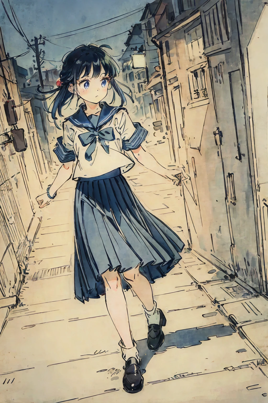 finely detailed illustration, vibrant color, best quality, masterpiece, One beautiful girl、cute、とてもcute、(Sailor suit、navy_blue long pleated skirt:1.1), Winters、purely、Neon City、nostalgic、night