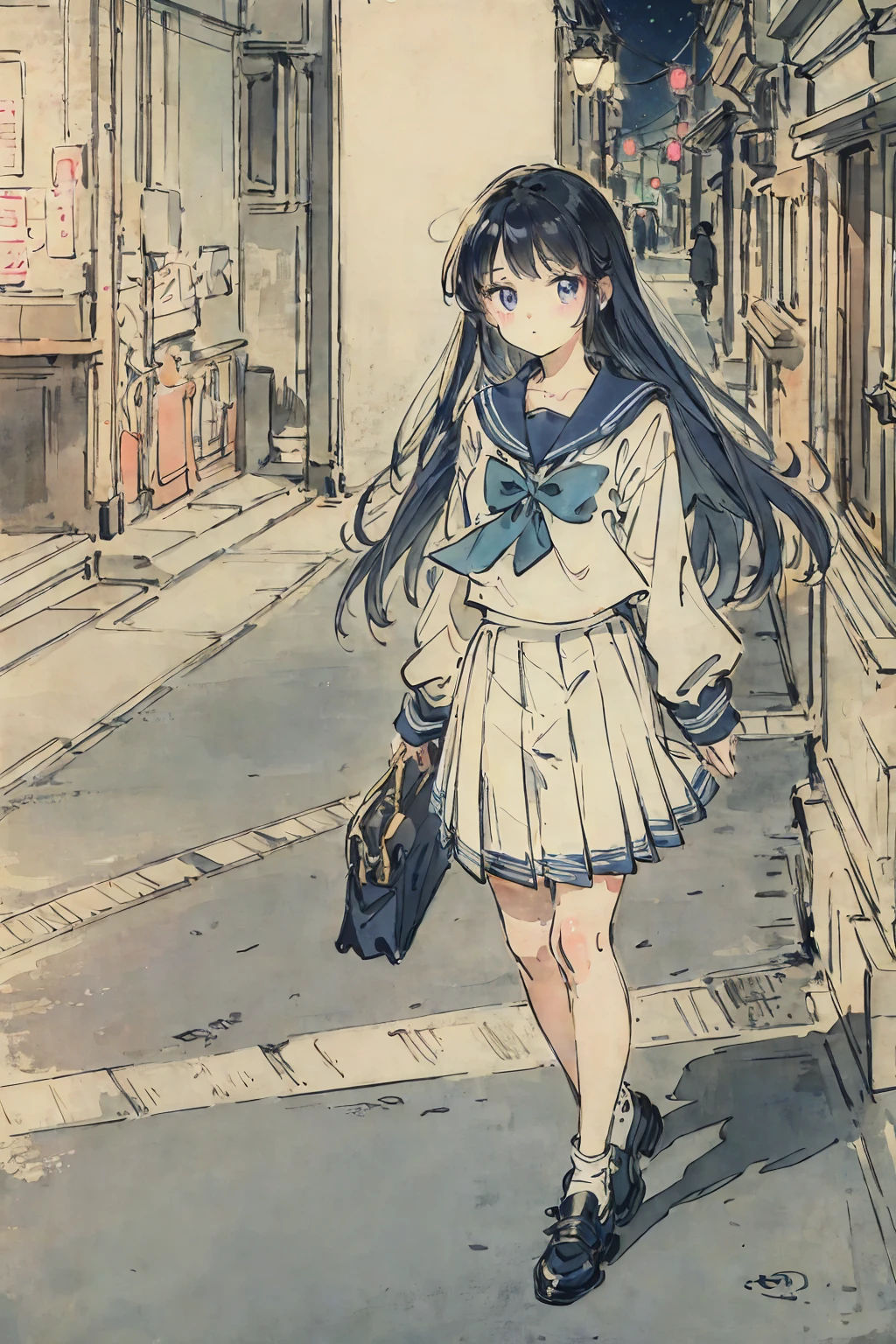 finely detailed illustration, vibrant color, best quality, masterpiece, One beautiful girl、cute、とてもcute、(Sailor suit、navy_blue long pleated skirt:1.1), Winters、purely、Neon City、nostalgic、night